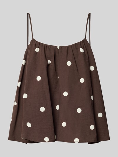 Produktfoto, Blusentop mit tiefem Rundhalsausschnitt van Jake*s Casual, mix van viscose en katoen, loose fit, spaghettibandjes, bruine stof met witte stippen, ruglengte bij maat 36: 33 cm.