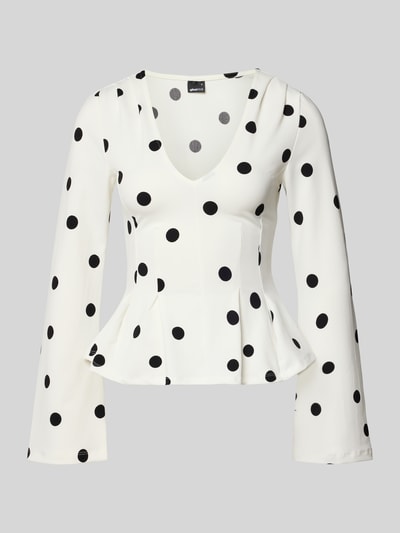 Produktfoto, Bluzka z długim rękawem z dekoltem w serek 'Longsleeve mit V-Ausschnitt' od Gina Tricot, mieszanka materiałów z dodatkiem streczu, taliowany krój, rozkloszowana część spódnicy, długość tyłu w rozmiarze S: 53 cm, biała z czarnymi kropkami, gładka tekstura