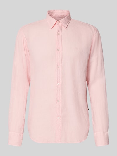 Produktfoto, Regular Fit Freizeithemd aus reinem Leinen Modell 'RELEGANT' von BOSS Orange in Uni-Rosa mit Kentkragen und Knopfleiste.