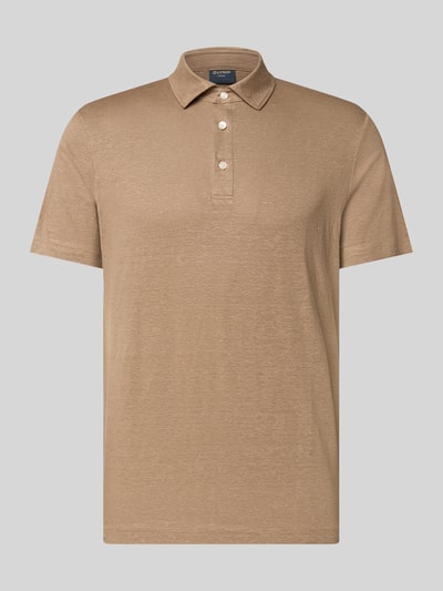 Produktfoto, Regular Fit Poloshirt aus Leinen-Elasthan-Mix von OLYMP Level Five in Beige mit Knopfleiste, glatter Struktur, kurze Ärmel.