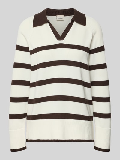 Productfoto, Gestreifter Pullover mit Polokragen van Stefanel in wit en bruin met strepen, katoenen regular fit, V-hals, lange mouwen