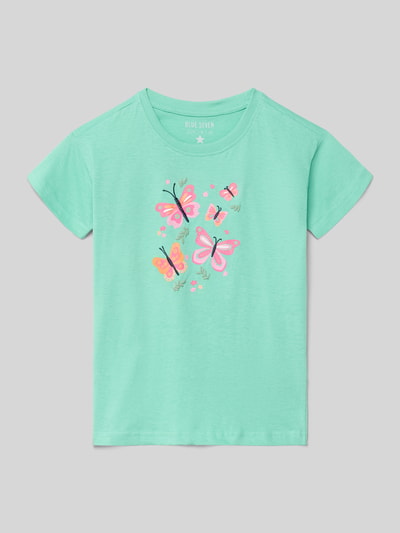Produktfoto, T-Shirt mit Stitching und Rundhalsausschnitt von Blue Seven in Mintgrün, reine Baumwolle, bunte Schmetterlingsmotive, Regular Fit, Rückenlänge 44 cm bei Größe 116
