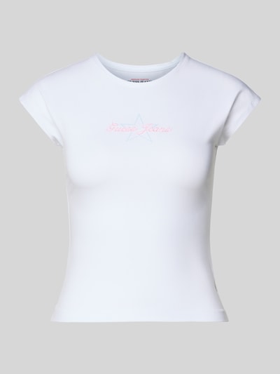 Produktfoto, Slim Fit T-Shirt mit Logo-Stitching von Guess Jeans aus elastischem Baumwoll-Mix in Weiß, Rundhalsausschnitt, Rückenlänge 48 cm in Größe S