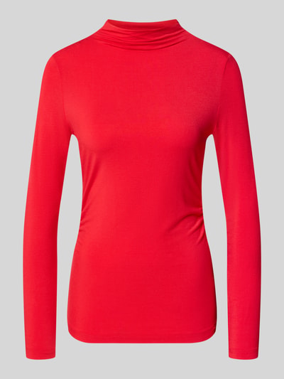 Produktfoto, Slim Fit Longsleeve mit Stehkragen von Smith and Soul in leuchtendem Rot, glatte Oberfläche, elastischer Modal-Mix, dezente Raffungen, Rückenlänge bei Größe S 68 cm.