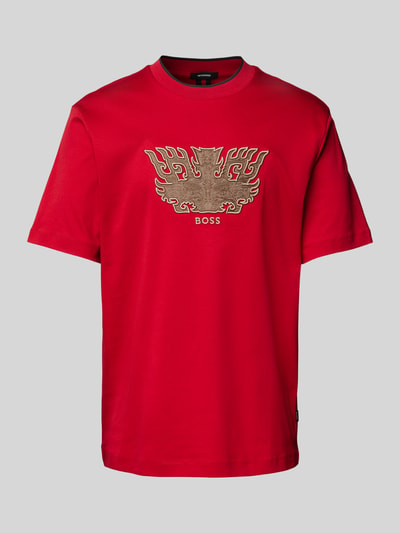 BOSS T-shirt met motief- en labelstitching, model 'Taut' Rood - 2