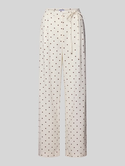 Produktfoto, Stoffhose mit Schleifen-Detail von Jake*s Casual in Creme mit braunen Punkten, lockerer Schnitt, glatte Stofftextur