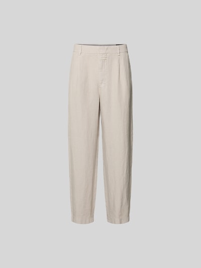 Produktfoto, Straight Fit Leinenhose von Closed in hellem Beige, reine Leinenstruktur, seitliche Eingrifftaschen, elastischer Bund, Gesäßtaschen, Innenbeinlänge 67 cm, Bundweite 44 cm, Größe 32/32, klare Linien und glatte Oberfläche.