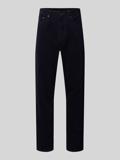 Produktfoto, Stoffhose mit 5-Pocket-Design von Carhartt Work In Progress in Dunkelblau aus reiner Baumwolle, gerader Schnitt, sichtbare Knopf- und Reißverschlussdetails, Bundweite 44 cm, Innenbeinlänge 74 cm bei Größe 32.