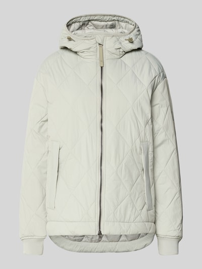 Produktfoto, Steppjacke mit Zweiwege-Reißverschluss von camel active in hellem Farbton, leicht glänzende Oberfläche, gerade Passform, Kapuze mit Tunnelzug, Zweiwege-Reißverschluss mit Kinnschutz, Eingrifftaschen und elastische Ärmelabschlüsse, Rückenlänge 71 cm, Schulterbreite 48 cm, Brustweite 56 cm, Ärmellänge 58 cm bei Größe 36.