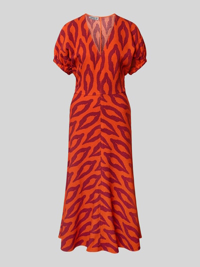 Produktfoto, A-Linien Freizeitkleid mit V-Ausschnitt Modell 'KOMFORTABLE' von Essentiel Antwerp, czerwony i pomarańczowy wzór, teksturowana tkanina, sukienki casualowe