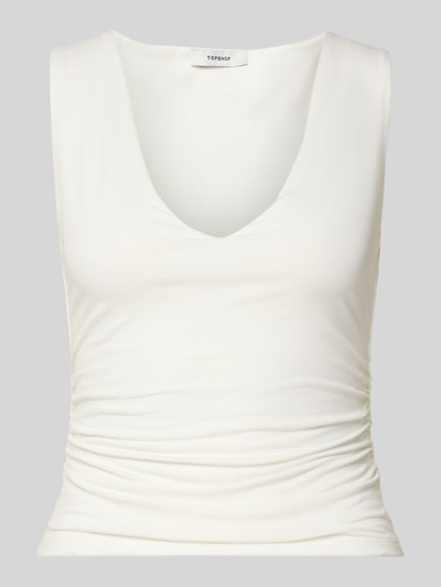 Produktfoto, Slim Fit Trägertop mit Raffungen und V-Ausschnitt Modell 'MY' von Topshop, kremowy, krój slim fit, bawełna z elastanem, cropped, tekstura gładka, długość tyłu w rozmiarze S: 43 cm