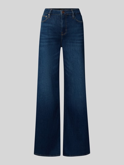 Produktfoto, ciemnoniebieskie jeansy o prostym kroju z mieszanki bawełny, szerokie nogawki, 5 kieszeni, zapięcie na guzik i zamek błyskawiczny, Straight Fit Jeans aus Baumwoll-Mix Modell 'BELLFLOWER' od GUESS, szerokość w rozmiarze 27/32: 38 cm, długość wewnętrzna nogawki: 83 cm