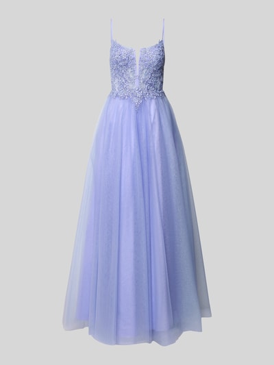 Produktfoto, Abendkleid mit floralem Spitzenbesatz von Mascara in Flieder mit Glitzer-Optik, Maxilänge, Tüll-Rockteil, semitransparentes Oberteil, Karree-Ausschnitt, Spaghettiträger, Ziersteinen, Nahtreißverschluss, taillierte Passform, Rückenlänge 155 cm, Brustweite 38 cm bei Größe 36.