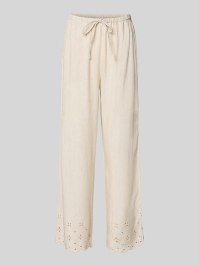 Produktfoto, Hose aus Viskose-Leinen-Mix Modell 'Linus' von FREE/QUENT in Creme mit Lochstickerei, Relaxed-Fit, elastischer Bund, Tunnelzug, glatte Textur, Damen, Bundweite 39 cm, Innenbeinlänge 78 cm, Größe S