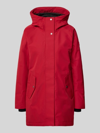 Produktfoto, Regular Fit Parka mit Kapuze Modell 'Alana' von Didriksons in Rot, glatte Oberfläche, Eingrifftaschen, Frontansicht, Damen Parka. Rückenlänge 90 cm, Schulterbreite 38 cm, Brustweite 48 cm, Ärmellänge 74 cm.