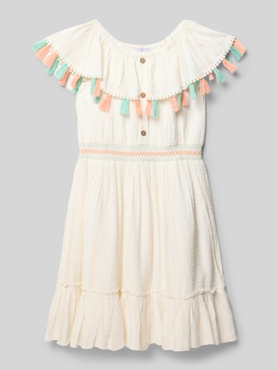 Productfoto, kinderen jurk van viscosemix in A-lijn met pompons, knoopsluiting, ronde hals, ruglengte maat 140 75 cm, Kleid aus Viskose-Mix mit Bommeln van DANAMADE