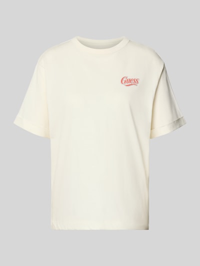 Produktfoto, cremefarbenes Relaxed-Fit Damen T-Shirt von GUESS aus Reine Baumwolle mit Logo-Stitching und Ziersteinbesatz, Modell 'Emotional'
