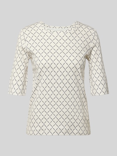 Produktfoto, Regular Fit T-Shirt mit Allover-Logo-Print von Marc Cain, damski t-shirt z mieszanki bawełny, nadruk z logo na całej powierzchni, okrągły dekolt, rękaw o dł. 1/2, długość tyłu w rozmiarze 36: 58 cm