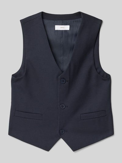 Produktfoto, dunkelblaue Weste mit V-Ausschnitt Modell 'RAIC' von Mango im Regular Fit, glatte Oberfläche, Knopfleiste, Kindergröße 134, Material-Mix mit Viskose-Anteil.
