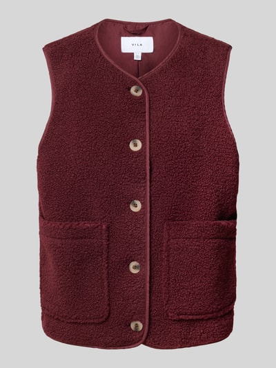 Produktfoto, Fleeceweste mit aufgesetzten Taschen Modell 'ADA' von VILA in weinrot, Teddyfell-Textur, Regular Fit, Knopfleiste, Damen Fleeceweste