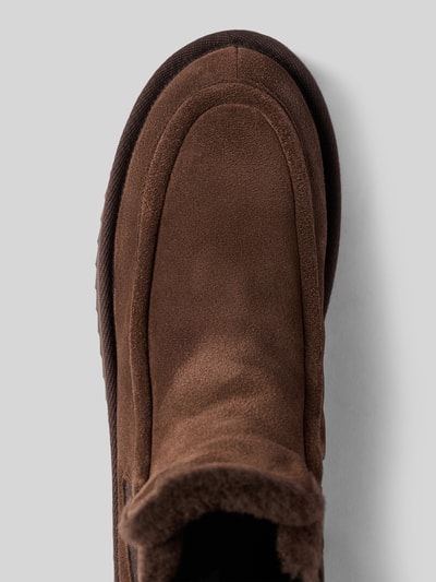 Produktfoto, braune Stiefelette mit elastischen Einsätzen Modell 'CPH267' von Copenhagen, Leder-Textil-Mix, abgerundete Spitze, Nahaufnahme Obermaterial