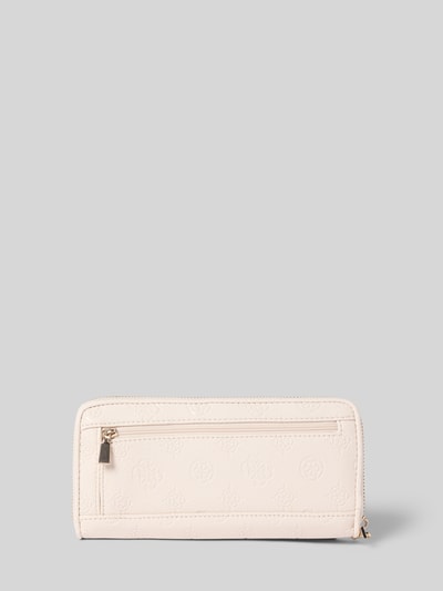 Produktfoto, Portemonnaie in Leder-Optik Modell 'Anise' von Guess in Beige mit Reißverschlussfach, erhabenes Logo, strukturierte Oberfläche.