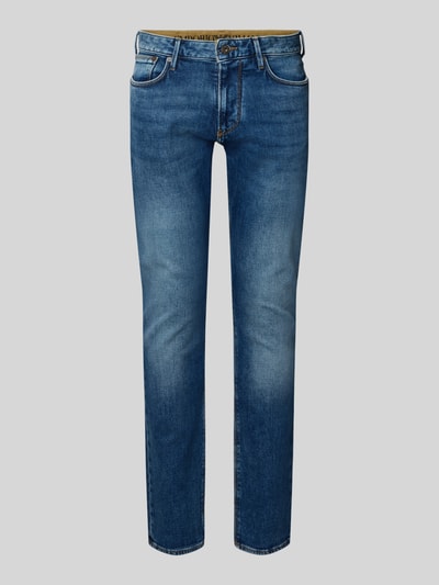 Produktfoto, Slim Fit Jeans im 5-Pocket-Design von Emporio Armani, blauer Baumwoll-Mix mit Stretch, sichtbare Waschung, neutrale Studioaufnahme