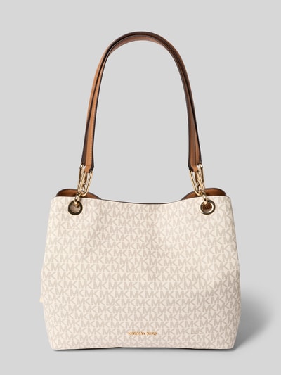 Produktfoto, Tote Bag mit Allover-Logo-Print Modell 'Kensington' von MICHAEL Michael Kors, beżowy, złote detale, Szerokość w rozmiarze 1: 39 cm, długość 27 cm, głębokość 13 cm, długość rączek 63 cm, dwukomorowa z magnesem, zamek błyskawiczny, detale z logo.