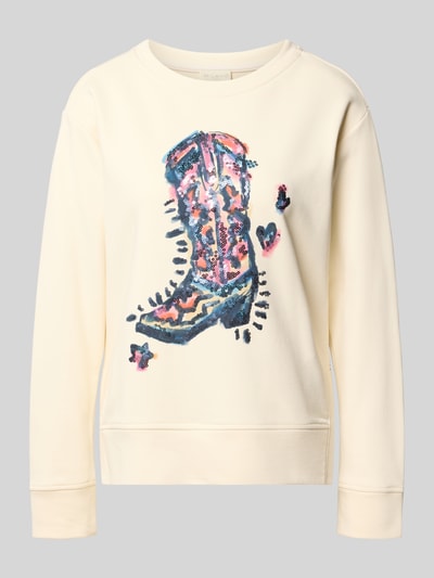 Productfoto, Sweatshirt mit Motiv-Print und Pailletten van Milano Italy in katoenmix, relaxed fit, motiefprint met pailletten, ronde hals, crème met roze en blauwe tinten, zachte textuur.