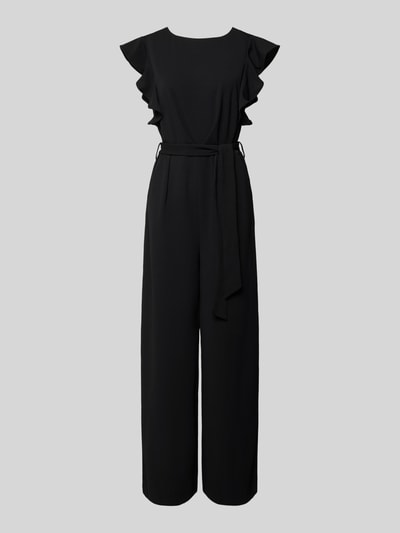 Produktfoto, Jumpsuit mit Rundhalsausschnitt und Bindegürtel von Apricot in Schwarz, weiter Beinverlauf, Stretch-Anteil, Regular Fit, texturierte Oberfläche
