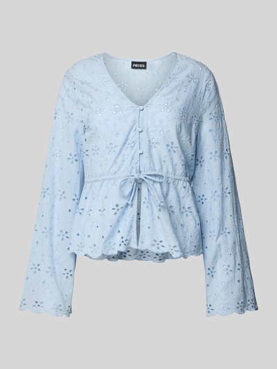 Pieces Regular Fit Langarmbluse mit Lochstickerei Modell 'ARMORINE' Hellblau 2