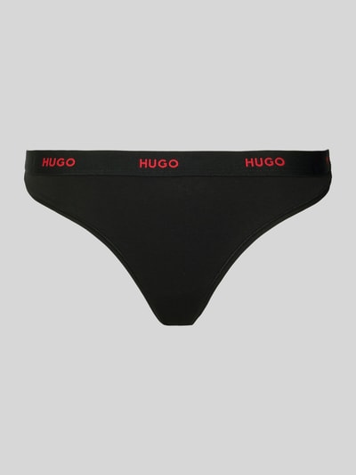 Produktfoto, czarne stringi damskie z mieszanki bawełny, napis z logo HUGO na elastycznym ściągaczu, Model 'HUGO ID THONG' od HUGO, efekt: jednolity kolor