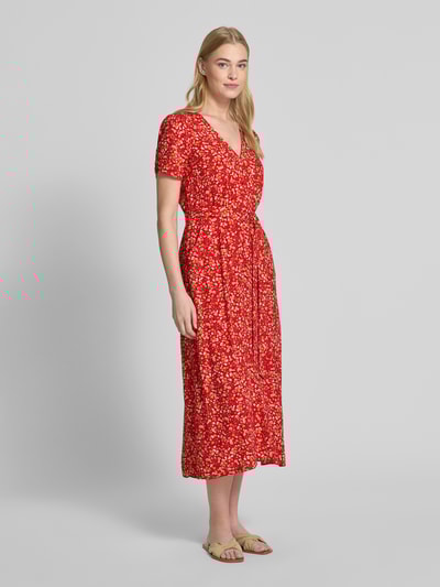 Apricot Midikleid aus Viskose mit Knopfleiste und Bindegürtel Rot 1