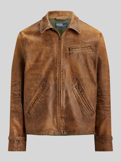 Produktfoto, Regular Fit Bomberjacke aus Schafsleder von Polo Ralph Lauren, używany wygląd, krój regular fit, prawdziwa skóra, kolor brązowy, zamek błyskawiczny, boczne kieszenie, kieszeń na piersi, kołnierz wykładany, długie rękawy z paskami.