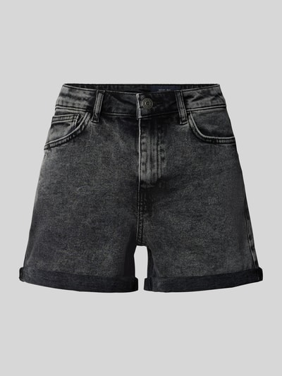 Produktfoto, High Waist Jeansshorts mit Umschlag Modell 'MONI' von Noisy May aus schwarzem Baumwoll-Elasthan-Mix, Regular-Fit, sichtbare Eingrifftaschen, strukturierte Denim-Oberfläche, Kontrastnähte, Bundweite 38 cm, Innenbeinlänge 9 cm, für Damen