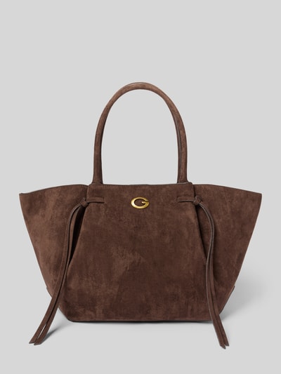 Produktfoto, Handtasche in Leder-Optik Modell 'ALLEGRA' von GUESS in Dunkelbraun mit Logo-Detail, geteiltem Innenfach und Magnetverschluss, schmale Schulterriemen, Maße 58x32x12 cm, Länge Schulterriemen 52 cm.