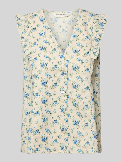 Produktfoto, Regular Fit Bluse aus Leinen-Mix Modell 'Solfried' von Copenhagen, floraler Allover-Print, Rüschenbesatz, Ärmelloses-Design, Leinen-Viskose-Anteil, beige mit blauen Blumen, strukturierte Oberfläche.