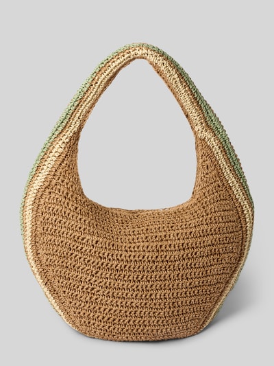 Produktfoto, naturfarbene Handtasche mit Label-Detail Modell 'Saunteer' von Barts, grobe Flechtstruktur, breiter Schulterriemen, grüne Akzente, Maße 45x32x12 cm, Innenfach mit Reißverschluss, Länge Schulterriemen 36 cm