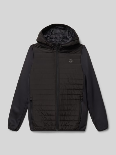 Produktfoto, Kurtka 'Jacke mit Steppnähten und Reißverschluss' von JACK & JONES, krój regular fit, pikowanie, logo, kaptur, zamek błyskawiczny, długość tyłu w rozmiarze 152: 61 cm, szerokość ramion w rozmiarze 152: 36 cm, długość rękawów w rozmiarze 152: 57 cm, czarny, prostokątne panele, gładka tekstura