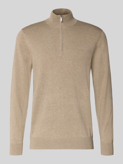 Profuomo Slim Fit Strickpullover mit Seiden-Anteil und Reißverschluss Beige 2