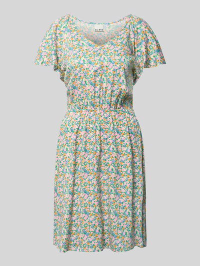 Produktfoto, Minikleid aus Viskose-Mix mit floralem Allover-Print Modell 'Aya' von ICHI, taillierte Passform, pastellfarbene Blumenmuster.