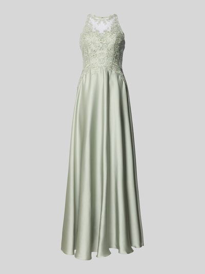 Produktfoto, 'Abendkleid mit floralem Stitching' von Luxuar, jasny zielony, florystyczny haft, zdobienia z kamieni, półprzezroczysty, bez rękawów, krój slim fit, długość tyłu w rozmiarze 36: 157 cm, szerokość w rozmiarze 36: 40 cm, gładka satynowa tekstura.