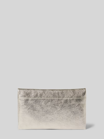 Produktfoto, Clutch aus echtem Leder mit Strukturmuster von Abro in silberner Farbe, sichtbares Strukturmuster, Vorderansicht, Hauptfach mit Umschlag und Magnetverschluss, Reißverschlussfach innen, Label-Detail innen, Maße 23x14x4 cm
