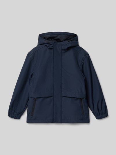 Produktfoto, dunkelblauer Kinder Parka mit Kapuze, Reißverschlusstaschen und verdecktem Reißverschluss, Modell 'JUAN' von Mango, Regular-Fit, glatte Textur, Rückenlänge bei Größe 116: 48 cm, Schulterbreite: 46 cm, Ärmellänge: 36 cm