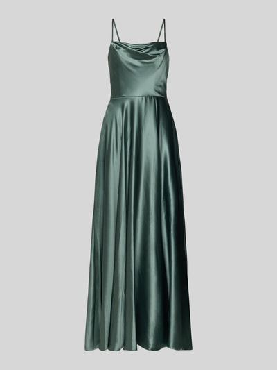 Produktfoto, Abendkleid aus Satin mit Gehschlitz von Laona, grüner Satin, A-Linie, Maxikleid, Spaghettiträger, glatte Textur