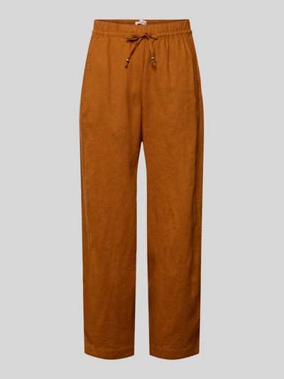 Produktfoto, Leinenhose in verkürzter Passform mit elastischem Bund von Christian Berg Woman aus Reine Leinen, Wide-Leg-Pants, Tunnelzug, Farbton Rostbraun, glatte Oberfläche, Damen, Bundweite bei Größe 36: 38 cm, Innenbeinlänge bei Größe 36: 64 cm.