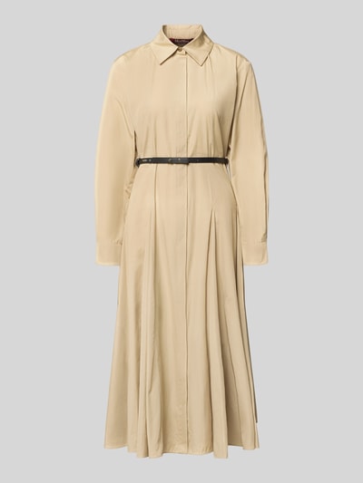 Produktfoto, Regular Fit Blusenkleid aus reiner Baumwolle Modell 'STAFFETTO' von Max Mara, Optik: Unifarben, Midi-Länge, Hemdblusenkragen, Teilungsnähte, Kellerfalten, gelegte Falten, verdeckte Knopfleiste, Gürtel, Langarm mit Manschette, glatte Struktur.