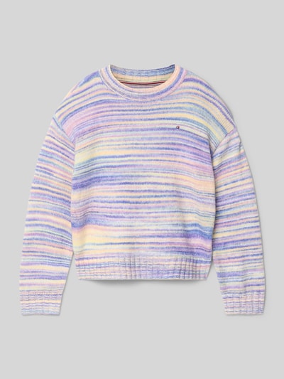 Produktfoto, Shaped Fit Strickpullover mit Woll-Anteil von Tommy Hilfiger Teens, mehrfarbig, Melange-Optik, Logo-Detail, Label-Stitching, Rundhalsausschnitt, Langarm, Gerippt an Ärmel- und Rumpfabschluss, Materialverarbeitung: Strick.