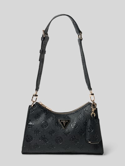 Produktfoto, schwarze Shoulder Bag in Leder-Optik Modell 'Cresidia' von Guess mit Strukturmuster, Logo und Reißverschluss, goldene Details.