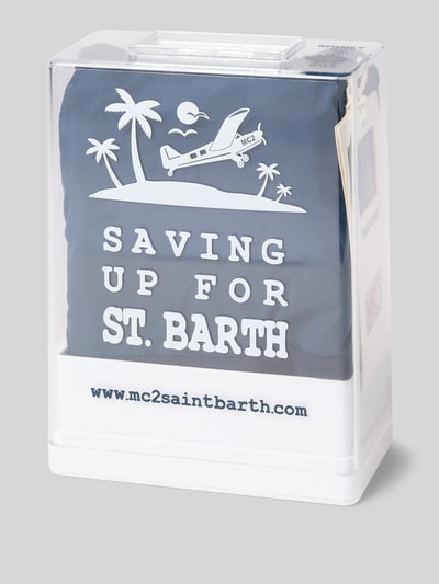 Produktfoto, Badehose mit Logo-Print Modell 'Lighting Pantone' von MC2 Saint Barth, dunkelblau mit weißem Logo-Print, Geschenkbox, glatte Oberfläche